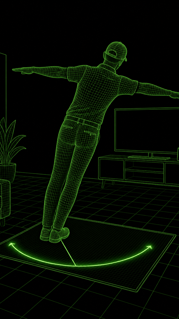 Same T-pose player tilted as a rigid lean, with a green arc on the floor showing the lean path.