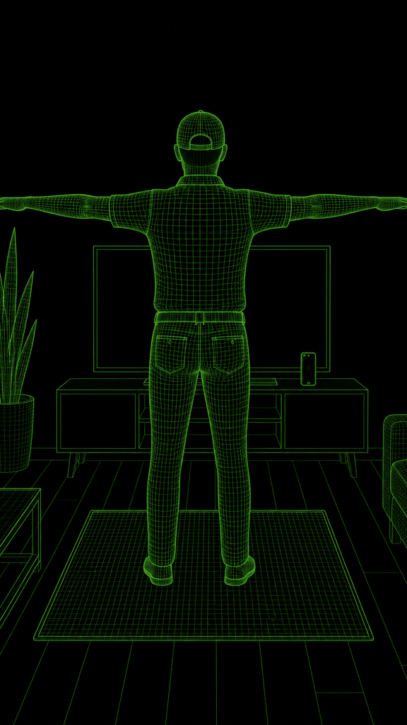 Player facing the TV with their back to the camera, arms held straight out in a T-pose, phone standing on the console beside the TV.