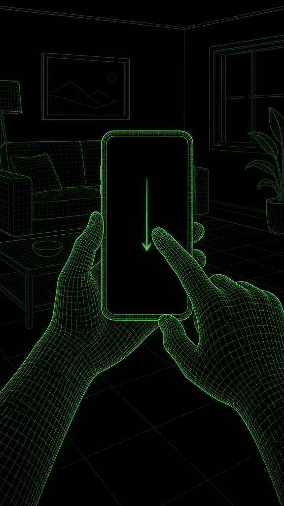 Both hands holding a phone, one finger dragging down the screen along a downward arrow.