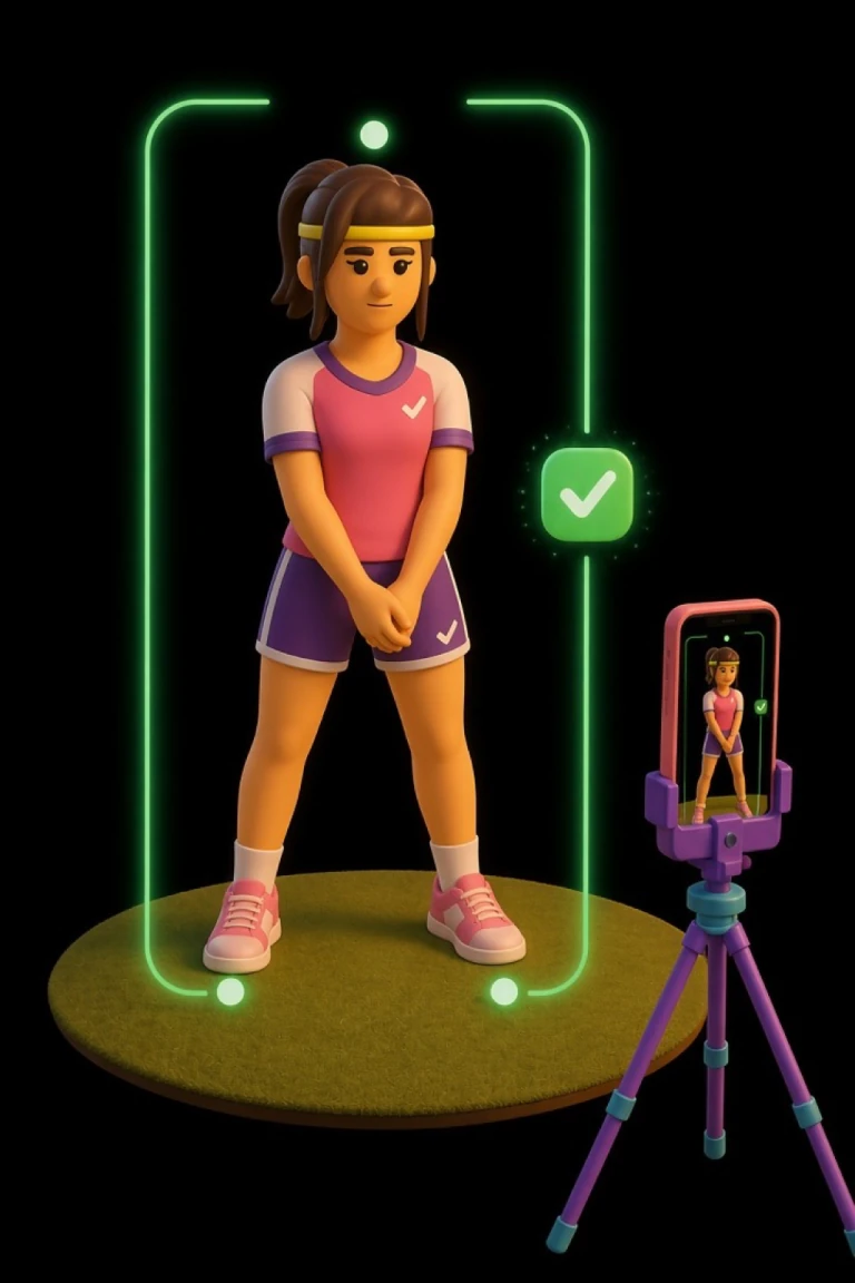 A golfer at address with his full body and hands framed by the phone camera