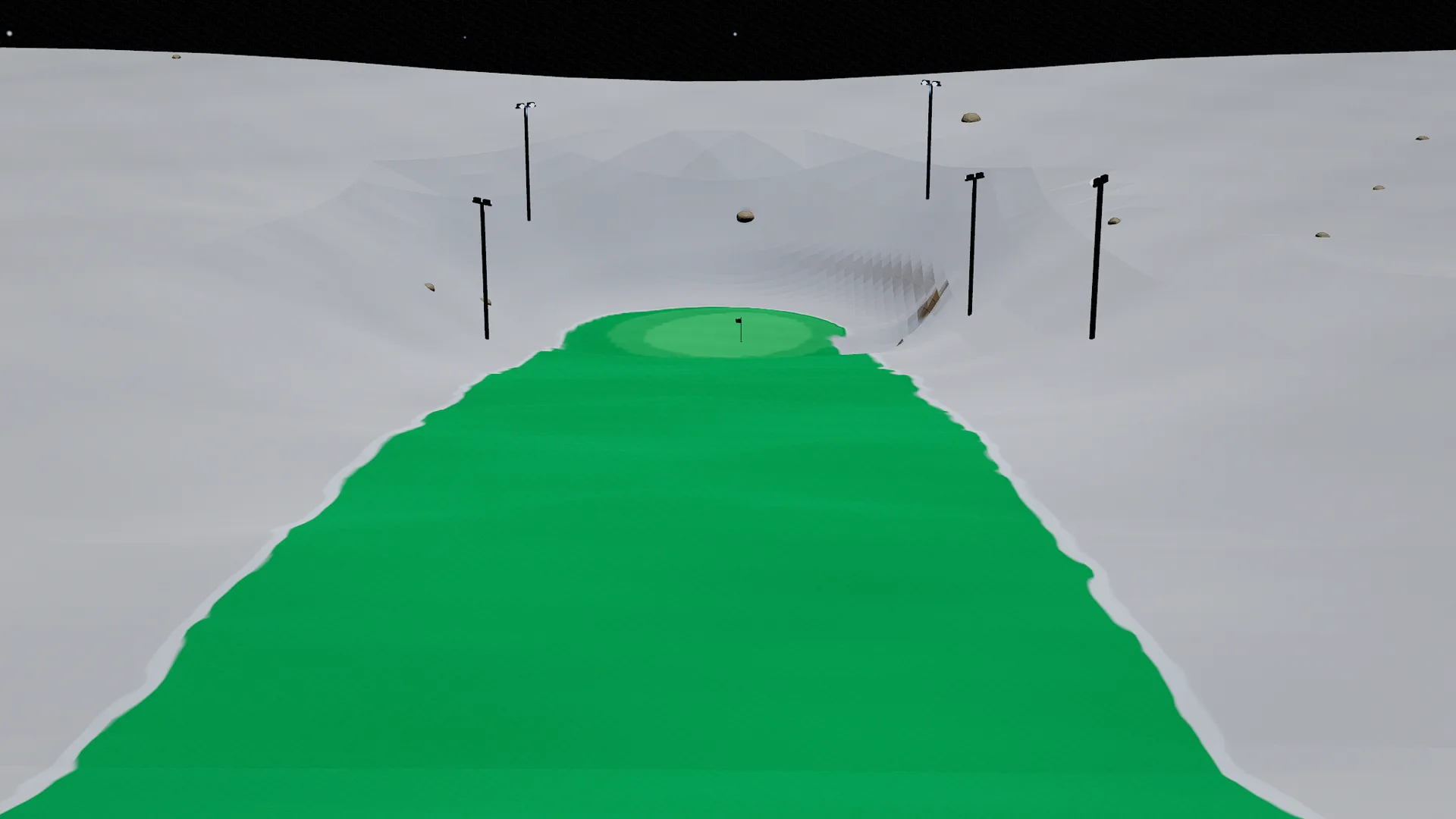 Aerial view from behind the tee of a Moonbase par 4, green ribbons of fairway across crater dust