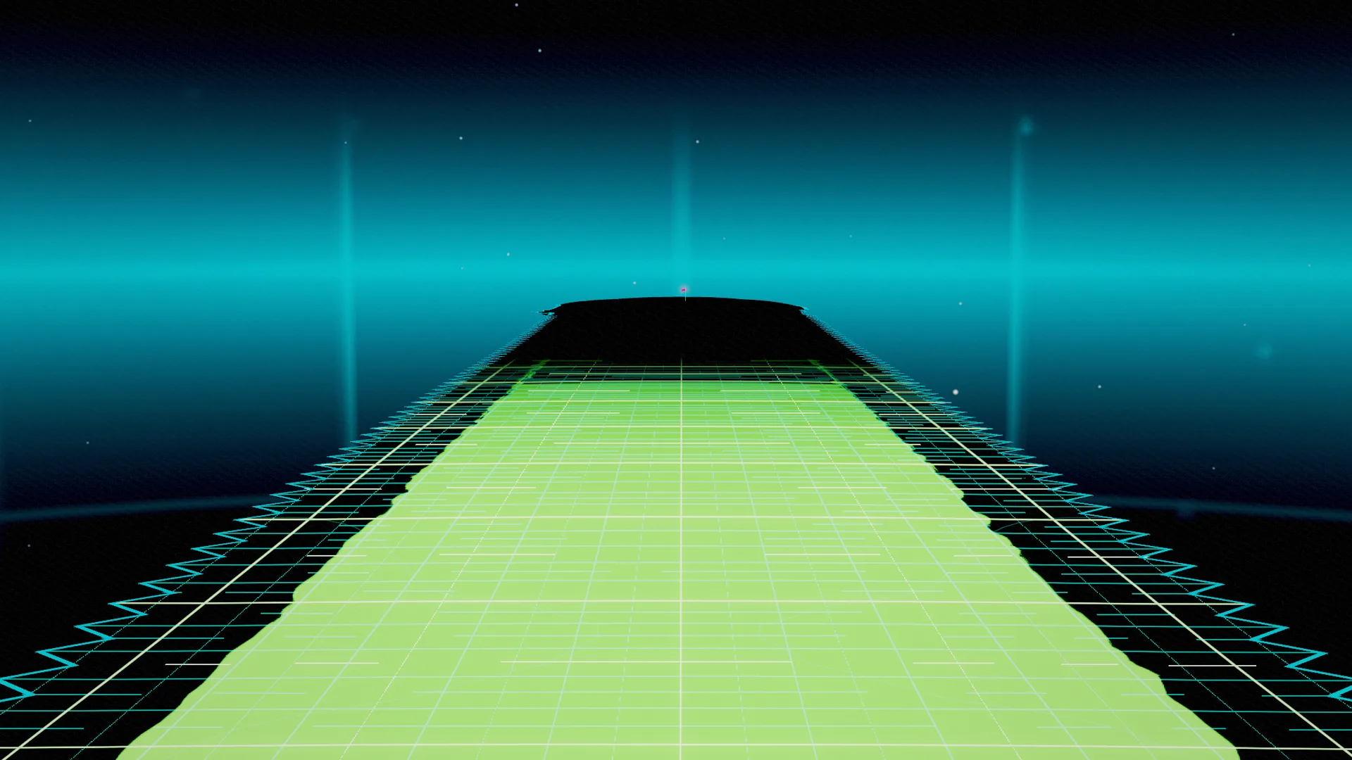Aerial view from behind the tee of a Virtual par 4, a floating fairway surrounded by open sky